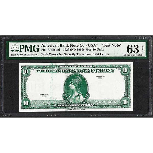 1929 10 Unit American Bank Note Co. "Test Note" PMG Choice Uncirculated 63EPQ