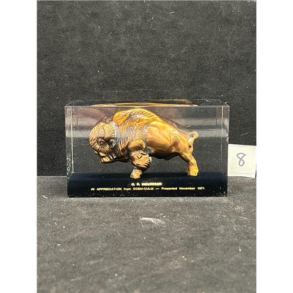 Vintage Manitoba Credit Union Bison / Acrylic Paperweight Presentation Award