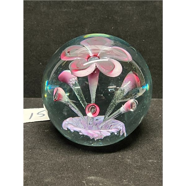 Heavy Floral Art Glass Hand Crafted Paperweight Approx: 3.25"W & 3.25"T
