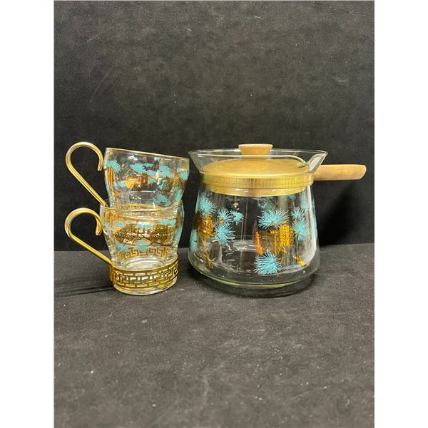 Mid Century Libbey David Douglas Turquoise/Gold Pinecone 1 Qt Pot & 2 Glasses