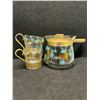 Image 1 : Mid Century Libbey David Douglas Turquoise/Gold Pinecone 1 Qt Pot & 2 Glasses