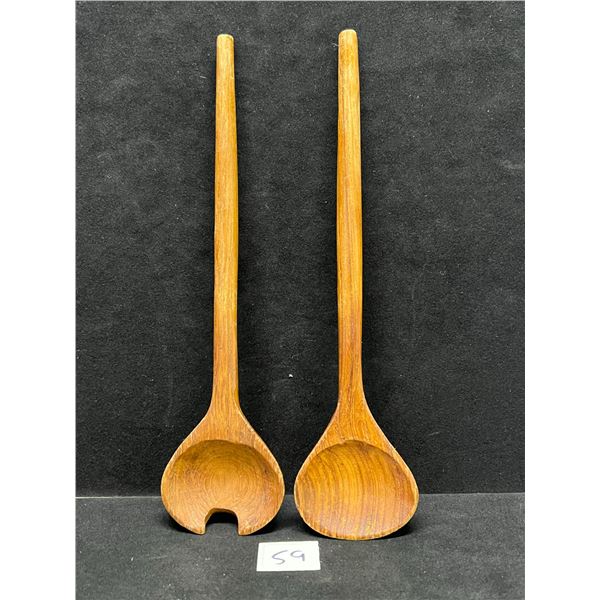 Mid Century Teak/Walnut Salad Spoons / Tongs 12"