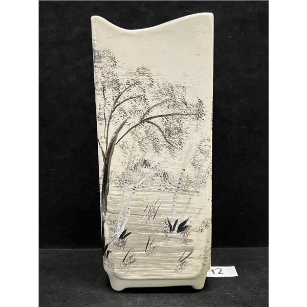 Vintage Square Ceramic Vase Forest Scene Approx: 4x4" & 9.75"T
