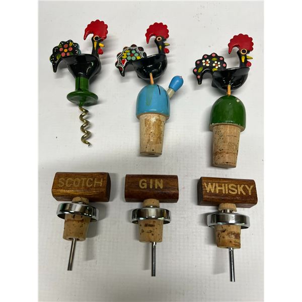 6 Vintage Wood & Cork Bottle Stoppers & Pourers etc (Tallest about 5")