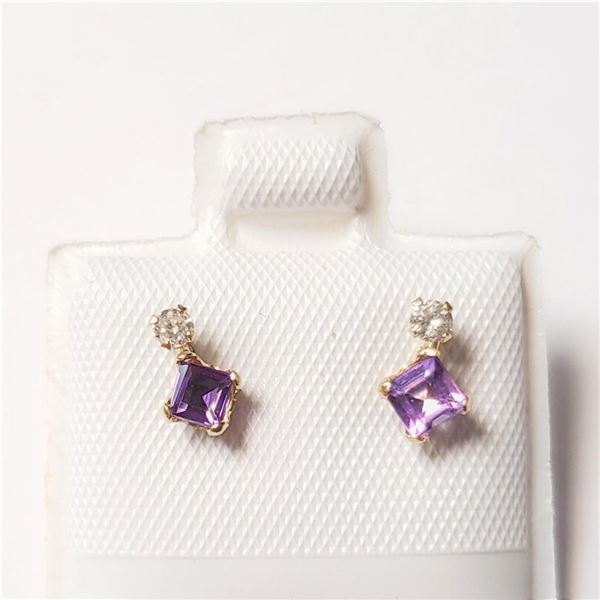 10K Yellow Gold Amethyst(0.44ct) Diamond(0.06ct) Earrings (~Size )(Ring is resizable for $40) (~leng