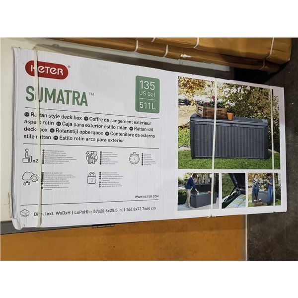*NEW* Keter Sumatra 135 GAL Rattan Resin Deck Box - Some Damage to coner as seen in photos