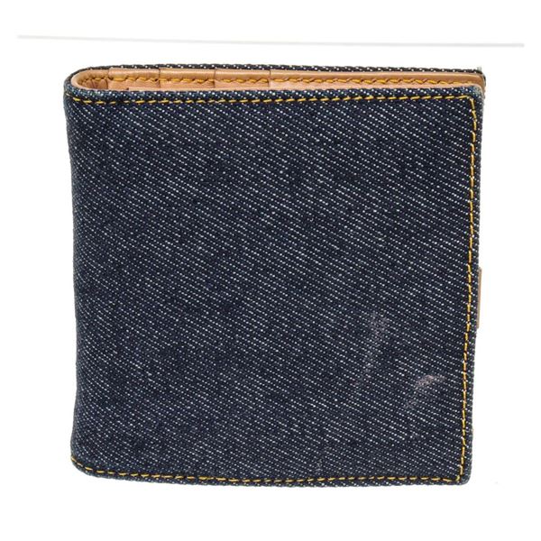 Christian Dior Blue Brown Denim Leather Compact Bifold Wallet