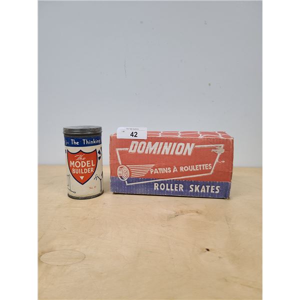 VINTAGE ROLLER SKATES & MODEL BUILDER CANNISTER