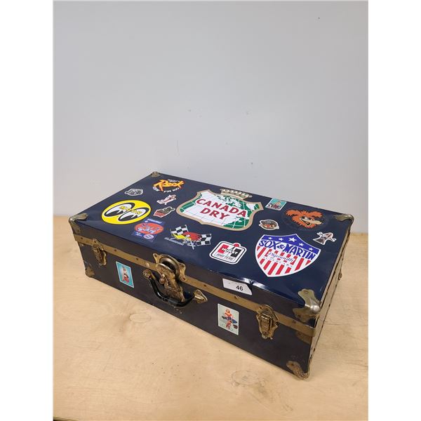 VINTAGE SMALL METAL TRUNK W/ADVERTISING DECALS