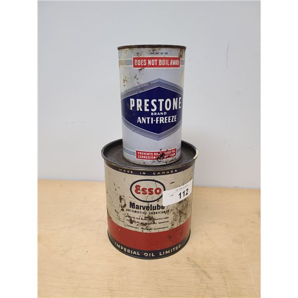 VINTAGE PRESTONE ANTI-FREEZE QUART & ESSO MARVELUBE GREASE CAN