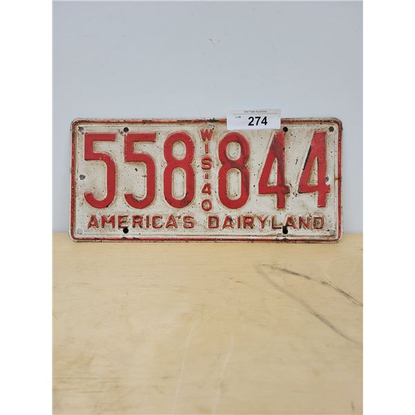 1940 WISCONSIN LICENSE PLATE