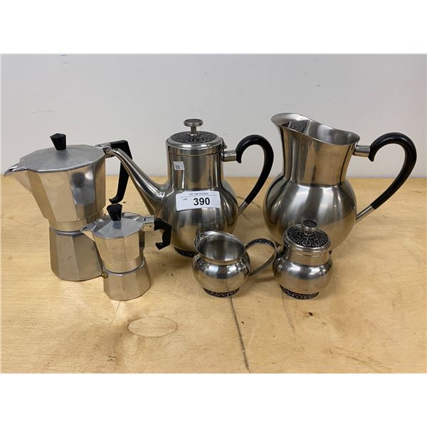 TWO COFFEE POTS, WATER JUG, CREAM & SUGAR
