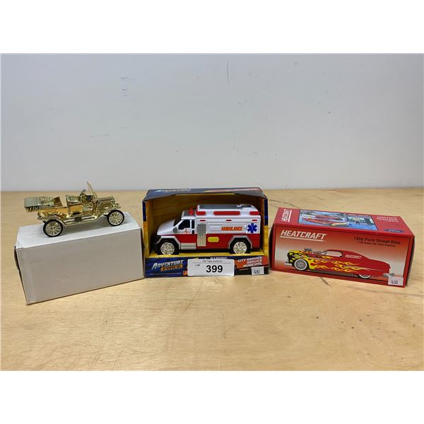 THREE NEW IN BOX 1950 FORD STREET ROD, AMBULANCE TOY & ANTIQUE CAR