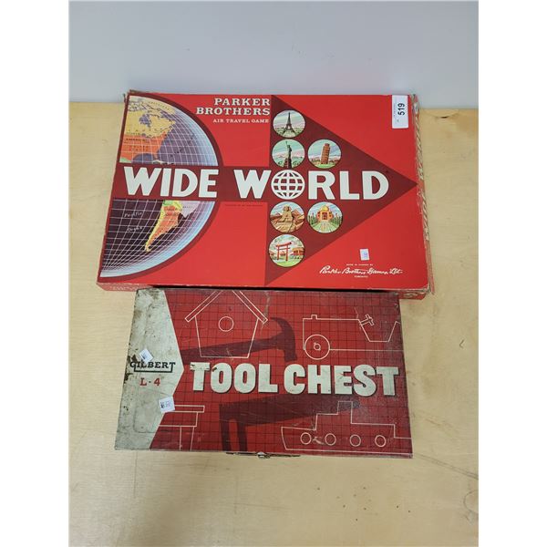 VINTAGE WIDE WORLD BOARD GAME & CHILDREN'S TOOL CHEST (EMPTY)