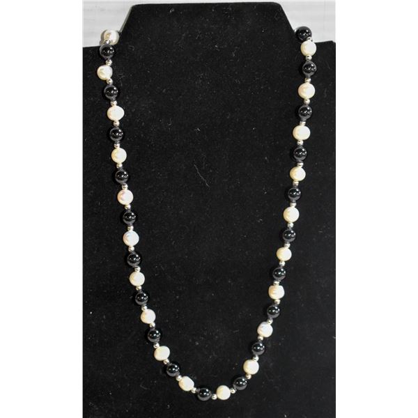 #264-NATURAL BLACK AGATE&FRESH WATER PEARL NECKLAC