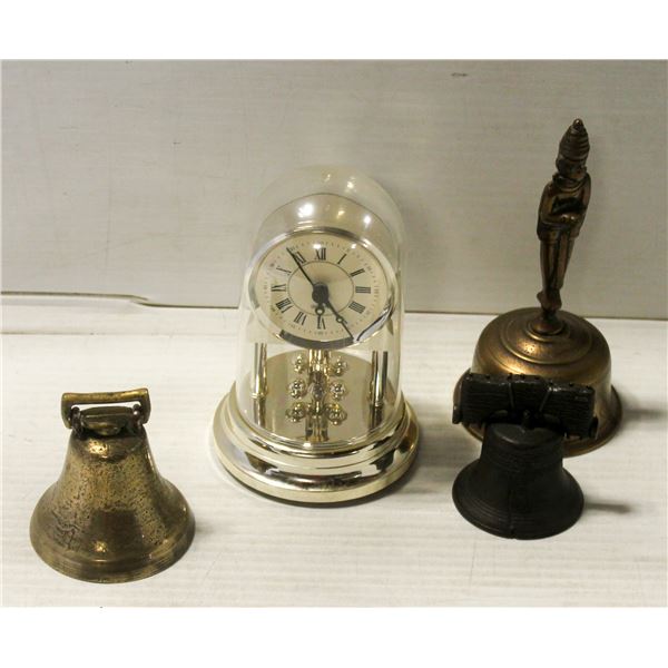 LOT OF 3 SMALL BELLS SOLD WITH MINI CLOCK