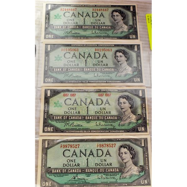 4 X UNCIRCULATED 1967 CANADIAN $1 BILLS