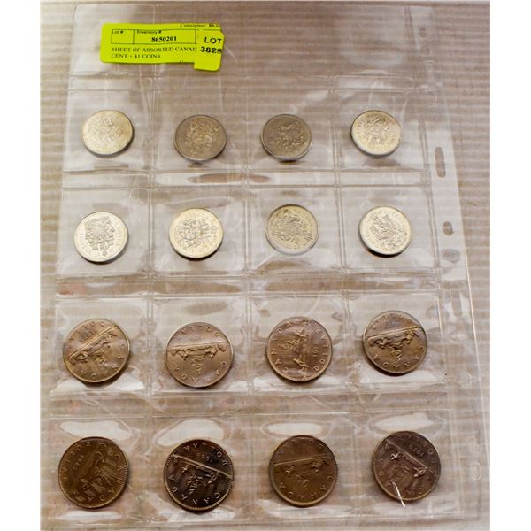 SHEET OF ASSORTED CANADIAN 50 CENT + $1 COINS