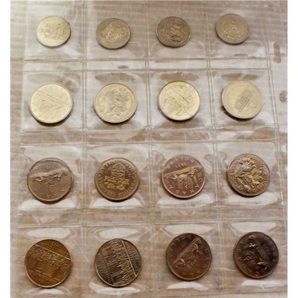 SHEET OF ASSORTED CANADIAN 50 CENT + $1 COINS