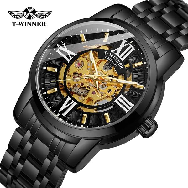 NEW BLACK SKELETAL T-WINNER ROMAN NUMERAL WATCH