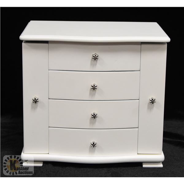 NEW WHITE WOOD JEWELRY BOX WITH FLIP TOP & MIRROR