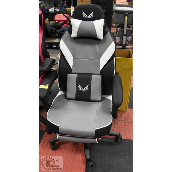 GREY AND BLACK GAMING CHAIR WITH SLIDE OUT LEG