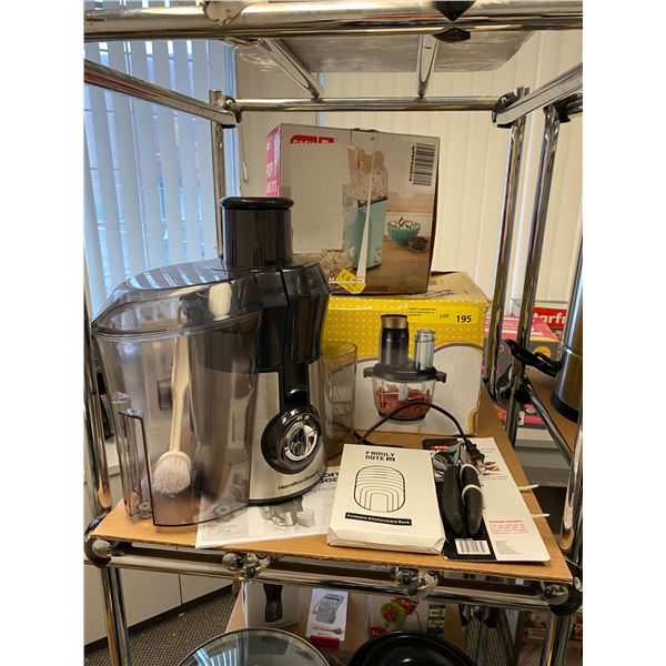 Group of Kitchen Products - Hamilton Beach Juicer, Food Chopper, Kitchen Rack, Garlic Press and Dash