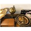 Image 2 : Table Top of Collectibles - Brass Items, Wood Boxes, Brass Globe, Double Swan Bowl and specialty pla