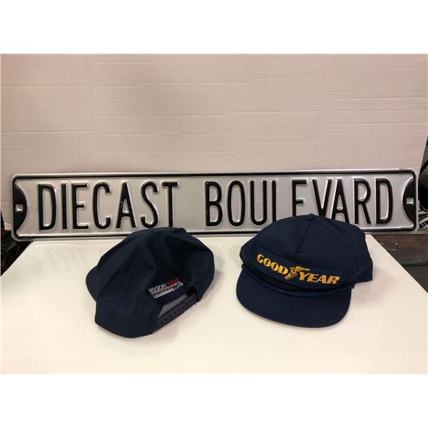 Diecast Boulevard Sign with Goodyear Molson Indy Baseball Hats (2) - sign is approx. 36in x 6in