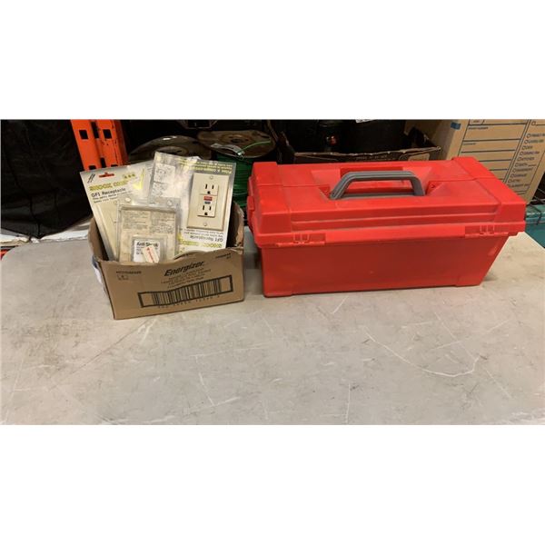 RED TOOLBOX WITH CONTENTS, TOOLS AND ELECTRICAL COMPONENTS