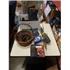 Image 1 : BOX OF RUBBER BOOTS, WITH BBQ TOOLS, ICE CLEATS AND CHIXKEN ROASTER