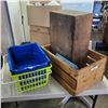 Image 1 : LOT OF WOOD CRTAES AND BINS WITH WIRE CAGE