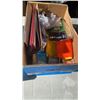 Image 2 : DECORATIVE PENDENT TABLE LAMP AND BOX OF OFFICE SUPPLIES, CRAFT ITEMS