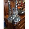 Image 2 : 3 DESIGNER METALLIC VASES AND HAMMERED METAL CENTER DISH