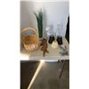 Image 1 : WICKER BASKET, 2- 15" GLASS VASES, ARTIFICIAL TALL GRASS, WOODEN DANCING LADY,  PLATE STANDS AND MIN