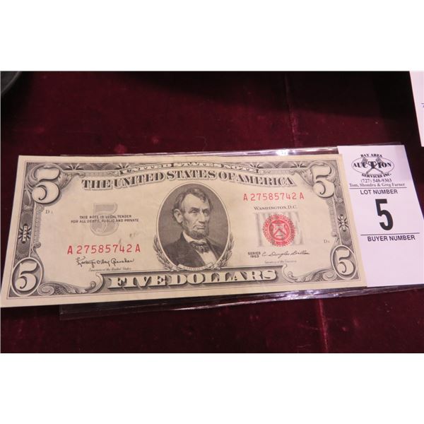 Old 1963 Red Seal $5.00 Bill