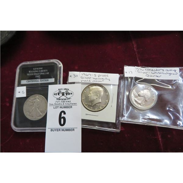 1942 Walking Liberty, 1976 Washington Quarter, -169-S Kennedy Half Dollar (3)