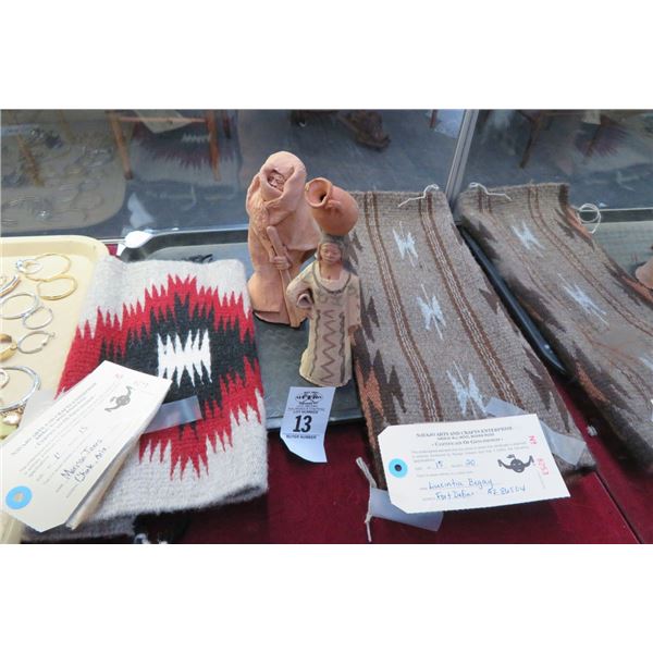 Navajo Wool Woven Rugs (2) & Clay Figurines (2)