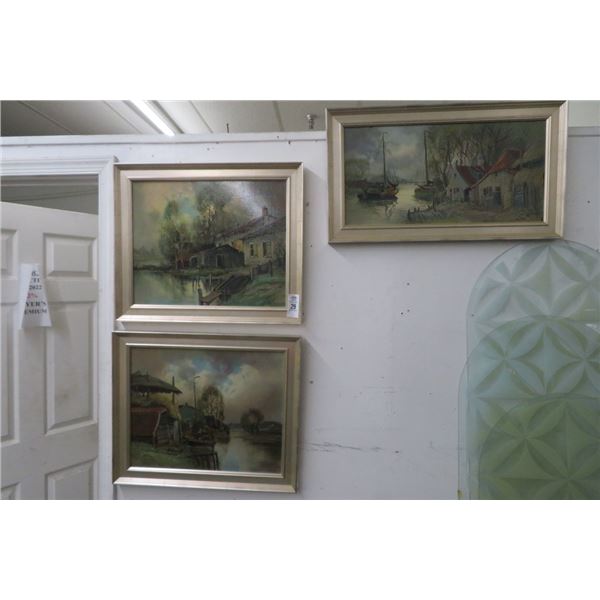 3-Framed Oil On Board by Lue Long "Fishing Village" 28" x 22" - 3 X $