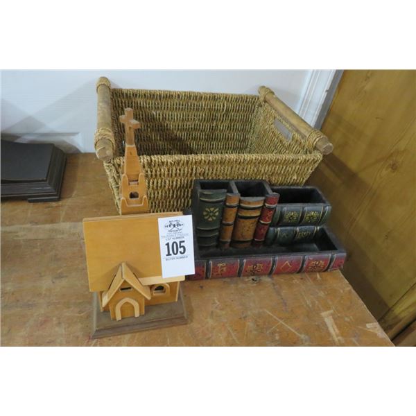 Lot of Baskets, Wood Chapel, Book Pencil Holder