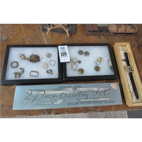 Lot W/S/S Carving Set, Watch, Buttons & More