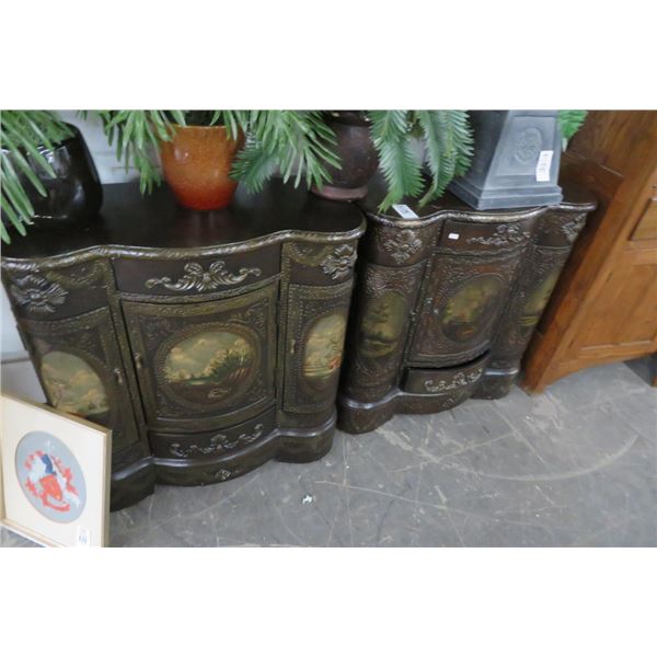 2-Carved Mocha Beveled Painted 3 Door 1 Drawer Cabinets - 2 X $