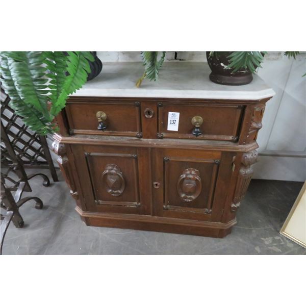 Carved Mahogany Marble Top 2 Over 2 Cabinet