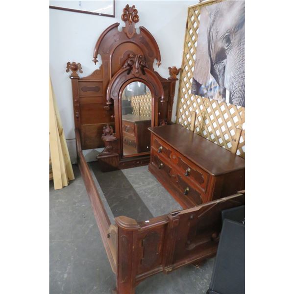 Cherry Empire Full Bed w/Dresser, Carved Mirror, Head/Foot Boards (Footbd damaged)