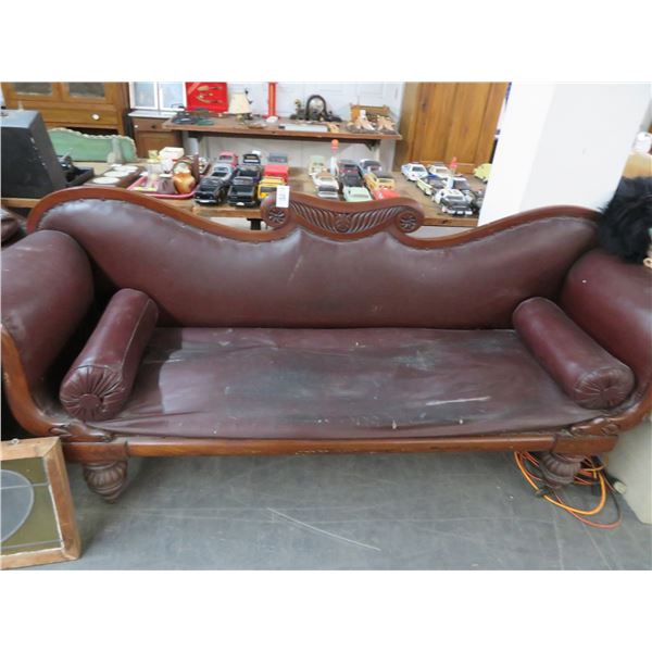 Carved Mahogany Leather Sofa