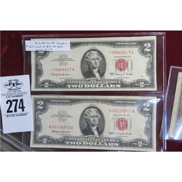 2 Pack of 1963-A $2.00 Red Seal Bill