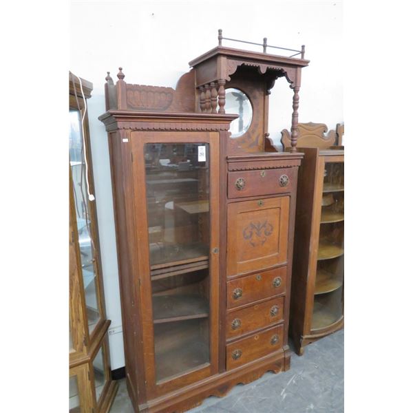 Antique Tiger Oak Carved Wardrobe Cabinet