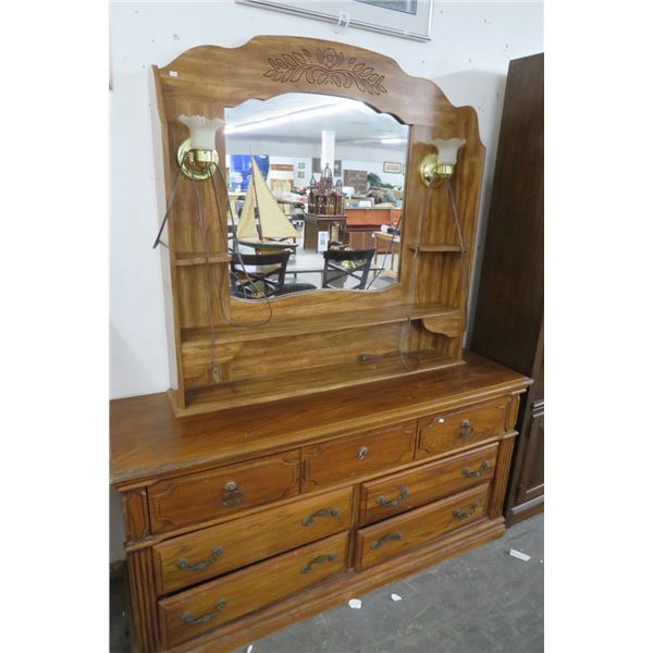 Oak 3 Over 4 Dresser w/Floral Carved Mirror