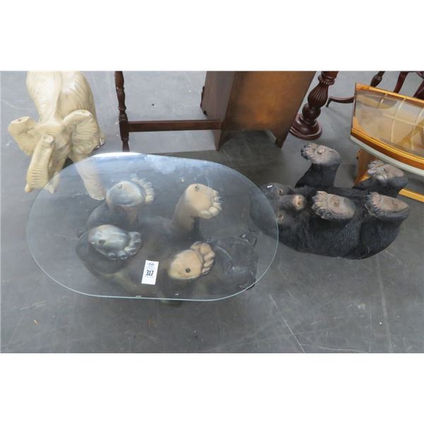 Bear Base Glasstop Coffee Table (2) - One Missing Glass & Repaired