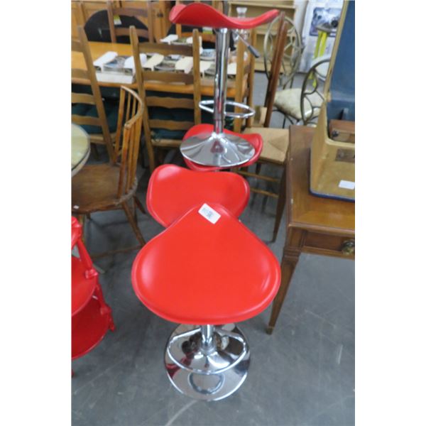 4-Chrome Red Leather Padded Stools - 4 X $ - Adjustable Height